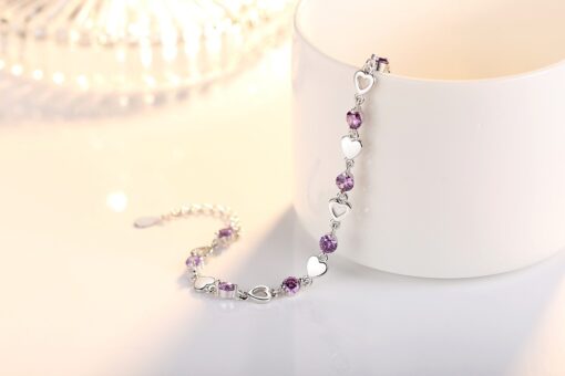 925 Sterling Silver Bracelet With Purple Crystal Heart Bracelet