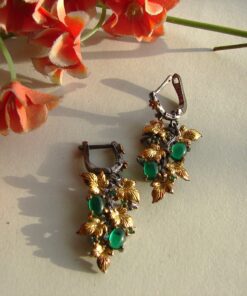 925 Silver with Black Gold Plating Green Flower Leaf Earrings
