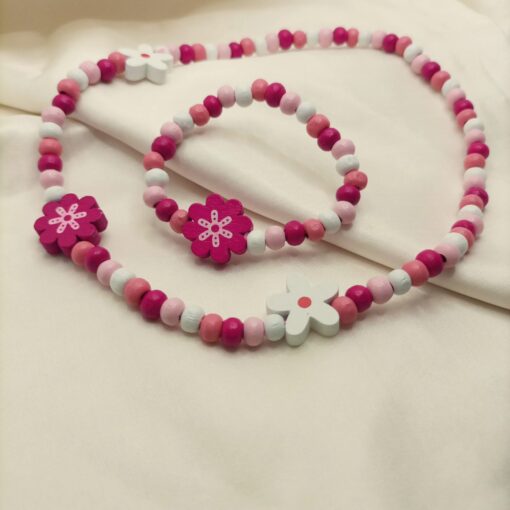 pink wood beads bracelet and necklace set for girls