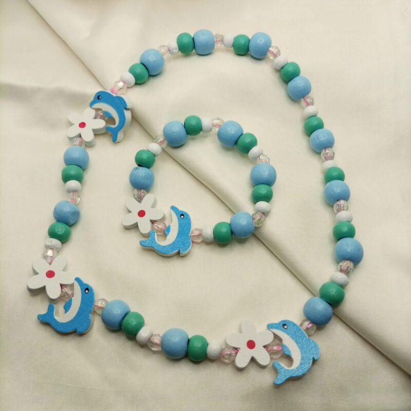 blue dolphin wood beads bracelet and necklace set for girls