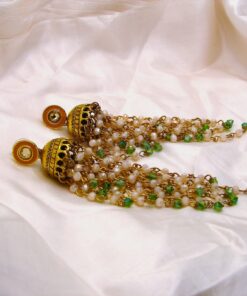 Handmade Green & Cream Chandelier Jhumka Earrings