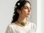 Indian Jewelry Set with Green Stone and Faux Pearl Dangles Antique - Image 2