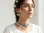 Indian Jewelry Set with Green Stone and Faux Pearl Dangles - Image 2