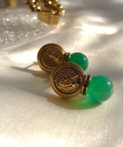 Gold Plated Coin Earrings with Green Jade