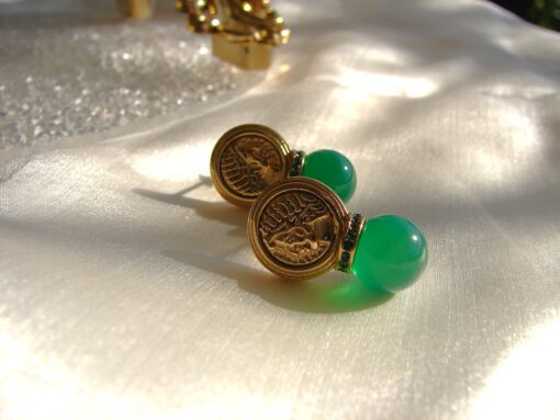 Gold Plated Coin Earrings with Green Jade