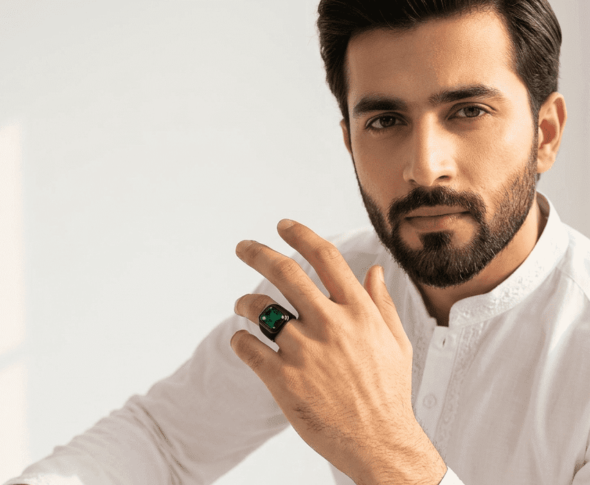 green stone Black Steel Men's Ring Pakistan by dango