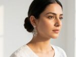 DANGO model wearing handcrafted fine silver earrings - premium jewellery in Pakistan