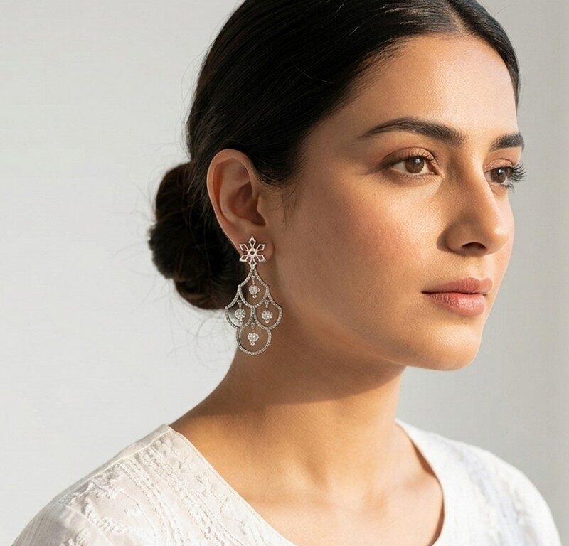 DANGO model wearing handcrafted fine silver earrings - premium jewellery in Pakistan
