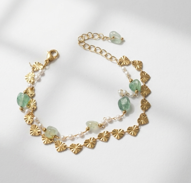 natiral jade Gemstone with gold plated steel hearts Ethnic Bracelet for women in Pakistan by dango