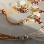 Mother of pearl, sapphire and ruby gemstone kundan wedding jewelry set for women in Pakistan by dango