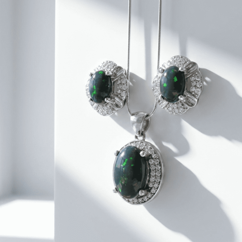 Natural Black Opal in 925 Sterling Silver Jewelry Set for women in Pakistan by dango
