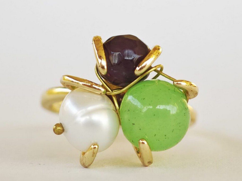 gold plated ring pakistan Natural Amethyst, Pearl, jade Gemstone Adjustable Ring for women in Pakistan by dango