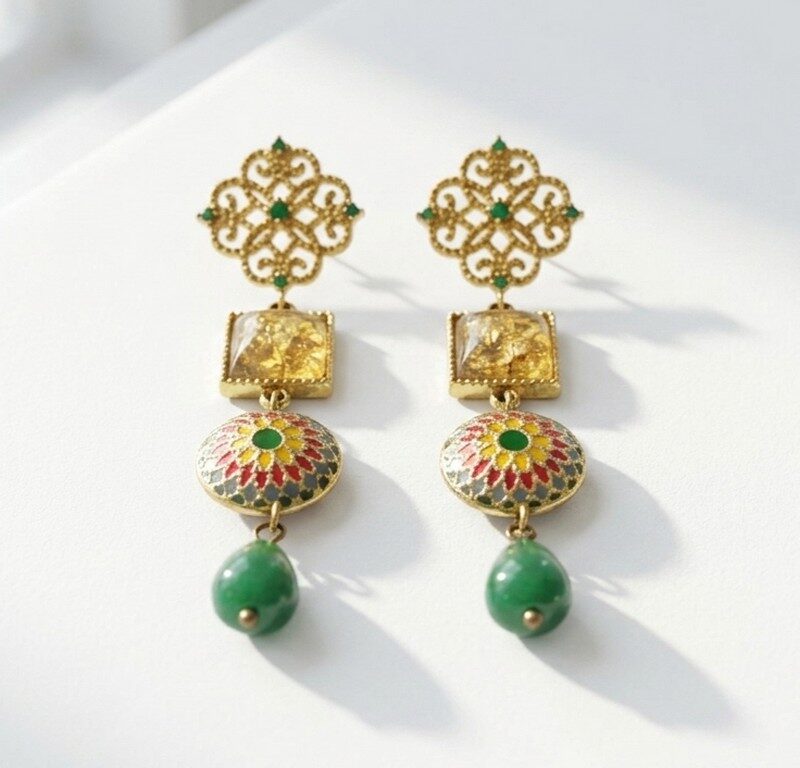 Natural Green jade Gemstone in Gold Plated ethnic Drop Earrings for women in Pakistan by dango
