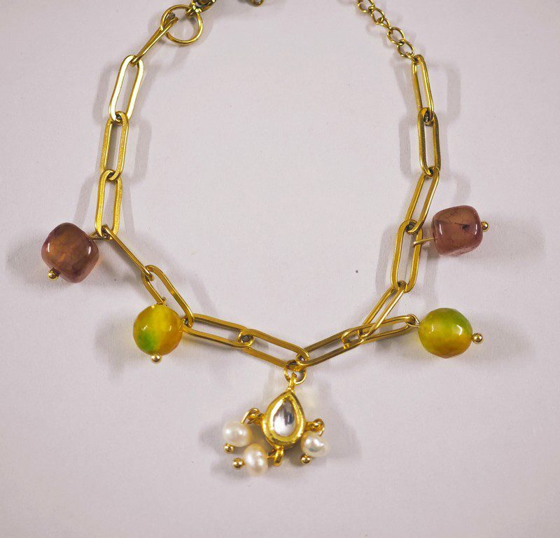 Gold-Plated Gemstone Charm Bracelet – 17cm | Paperclip Chain with Tourmaline, Jade & Pearls