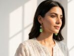 Gold Plated Stainless Steel Earrings with Natural Green Beryl - Image 2