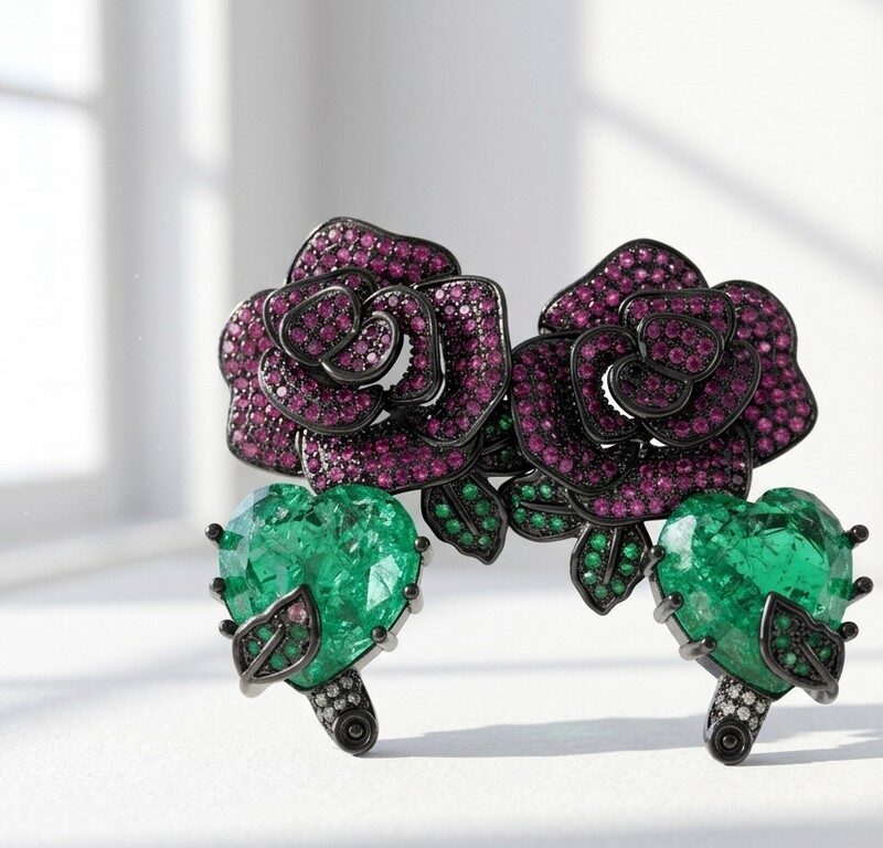 Red rose zircon studded with green crystal heart Statement Earrings for women in Pakistan by dango