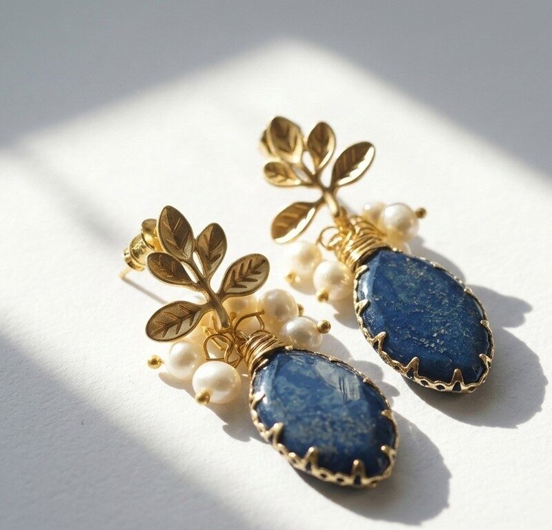 Natural Lapis and pearls in gold plated silver Earrings for women in Pakistan by dango