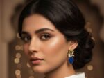 Gold Plated Silver Earrings with Natural Lapis (Lajward) & Pearls - Image 2
