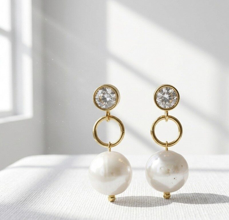 Natural Pearl in Gold plated stainless steel minimal earrings for women in Pakistan by dango