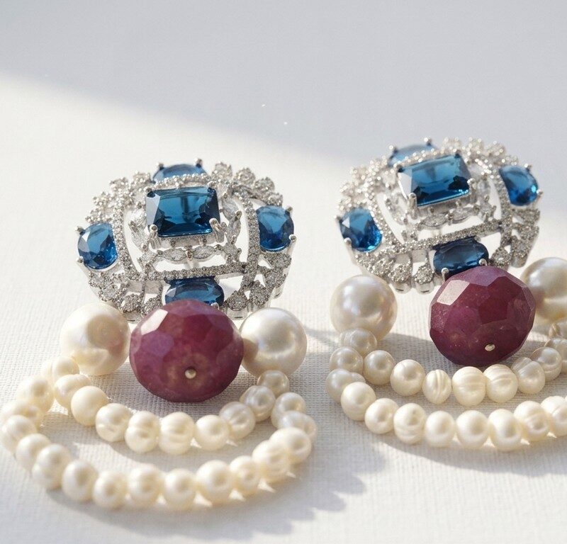 Natural Pearl and ruby gemstone Wedding Earrings for women in Pakistan by dango