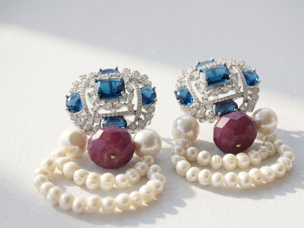 curtain earrings pakistan Natural Pearl and ruby gemstone Wedding Earrings for women in Pakistan by dango