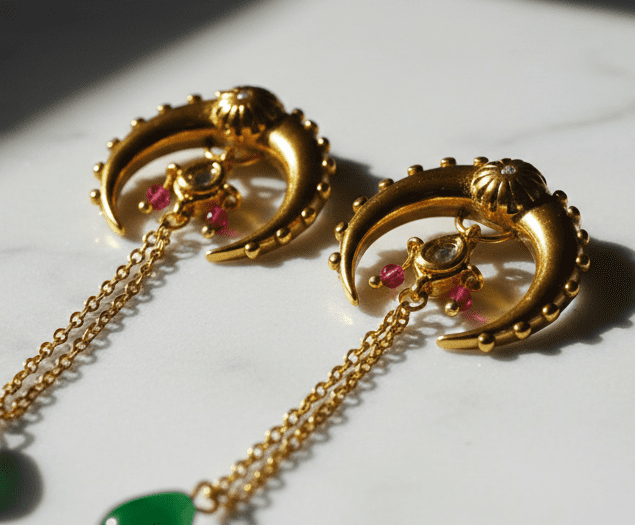 natural green jade gold plated stainless steel ethnic earrings for women in pakistan by dango