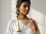 Mehr-un-Nisa bib choker worn — statement bridal necklace gold mesh aqua tumble beads, Dango Meraki collection COD Pakistan
