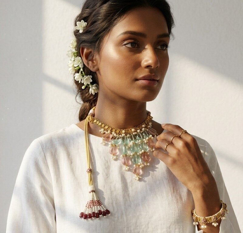Mehr-un-Nisa bib choker worn — statement bridal necklace gold mesh aqua tumble beads, Dango Meraki collection COD Pakistan