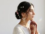 Noor bridal pearl earrings worn — ethnic handmade earrings gold plated, Dango Meraki collection, COD Pakistan