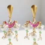 Noor pearl drop earrings — gold plated ethnic earrings with fuchsia kundan and ivory pearl clusters, Meraki collection by Dango Pakistan