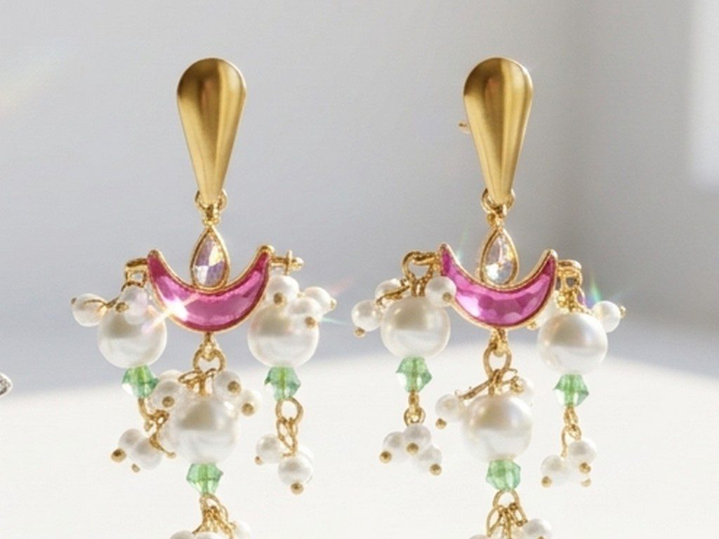 Noor pearl drop earrings — gold plated ethnic earrings with fuchsia kundan and ivory pearl clusters, Meraki collection by Dango Pakistan