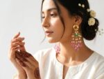Bahar statement earrings worn — ethnic chandelier earrings gold plated, Dango Meraki collection, COD Pakistan