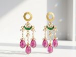 Bahar chandelier earrings — gold plated ethnic earrings with kundan and pink tumble drops, Meraki collection by Dango Pakistan