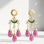 Bahar chandelier earrings — gold plated ethnic earrings with kundan and pink tumble drops, Meraki collection by Dango Pakistan