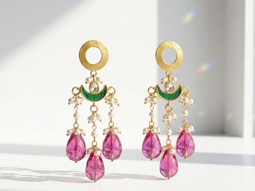 Bahar chandelier earrings — gold plated ethnic earrings with kundan and pink tumble drops, Meraki collection by Dango Pakistan