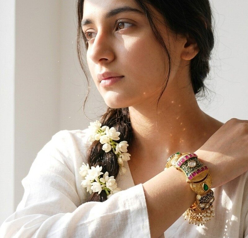 Shahi enamel kundan bangle worn and stacked — bridal hand-painted bangle Pakistan, Dango Meraki collection COD