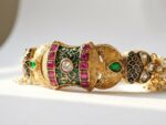 Shahi hand-painted ethnic kundan bangle — forest green black fuchsia gold with pearl fringe, Meraki collection by Dango Pakistan