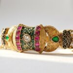 Shahi hand-painted ethnic kundan bangle — forest green black fuchsia gold with pearl fringe, Meraki collection by Dango Pakistan