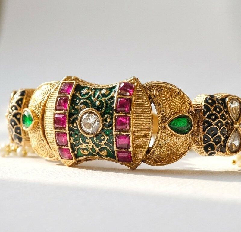 Shahi hand-painted ethnic kundan bangle — forest green black fuchsia gold with pearl fringe, Meraki collection by Dango Pakistan