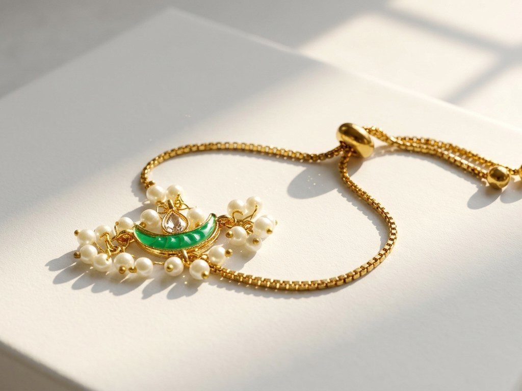 chand Chand kundan pearl bolo bracelet — gold plated green crescent centrepiece with faux pearl fringe, Meraki collection by Dango Pakistan