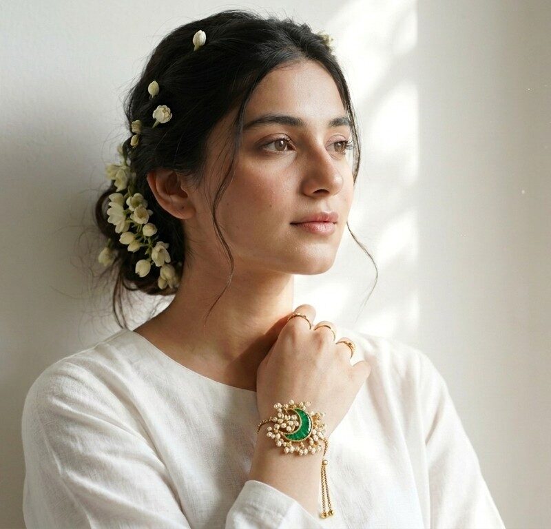 Chand kundan bridal bracelet worn — adjustable gold bolo chain with green kundan moon centrepiece, Dango Meraki collection COD Pakistan