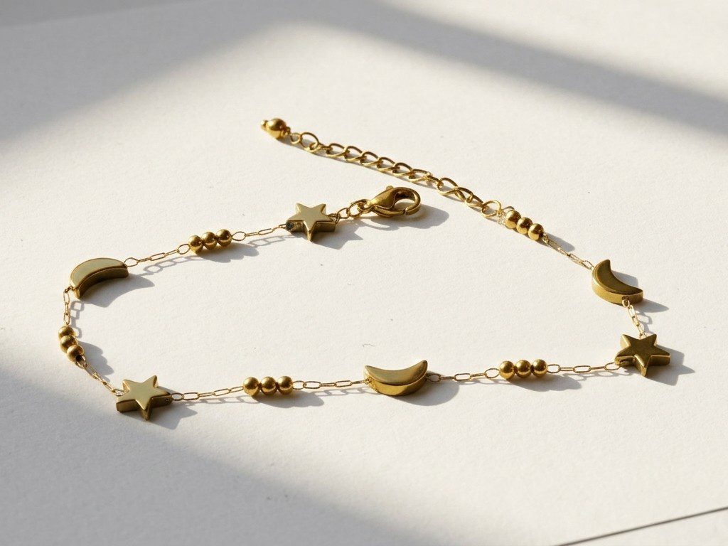 chand Sitaara celestial moon and star bracelet — gold plated chain with crescent moon and star charms, Meraki collection by Dango Pakistan