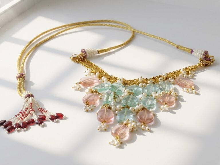 Meraki handcrafted ethnic jewellery collection by DANGO Pakistan — baroque pearls, Kundan and natural stone pieces on a white background