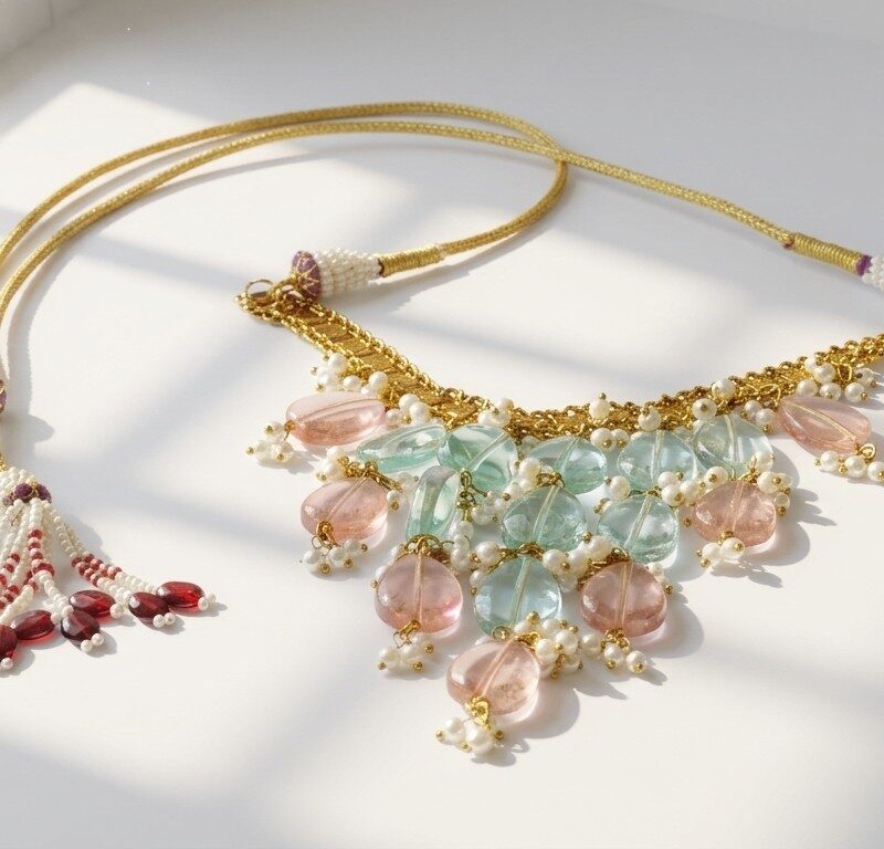 Meraki handcrafted ethnic jewellery collection by DANGO Pakistan — baroque pearls, Kundan and natural stone pieces on a white background