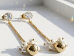 Laila hematite pearl drop earrings — gold plated zircon stud with chain and natural hematite ball crowned with pearl clusters, Meraki collection Dango Pakistan