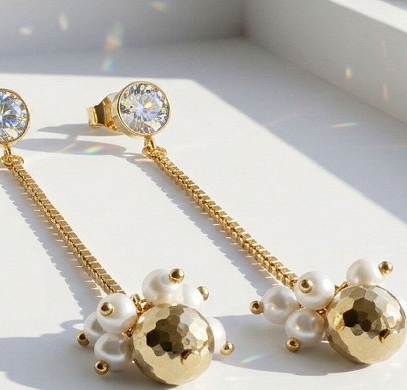 Laila hematite pearl drop earrings — gold plated zircon stud with chain and natural hematite ball crowned with pearl clusters, Meraki collection Dango Pakistan