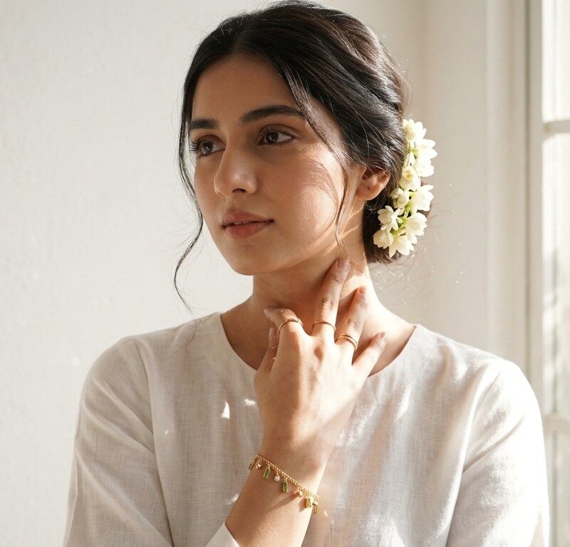 Rang green charm bracelet worn on wrist — zircon dangle bracelet gold plated, Dango Meraki collection COD Pakistan