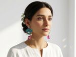 Gulshan bridal statement earrings worn — premium ethnic floral earrings teal enamel, Dango Meraki collection COD Pakistan