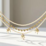 Zulf three-strand bridal hair drape jewelry — gold plated pearl strand, filigree heart chain and kundan teardrop drops, Meraki collection Dango Pakistan