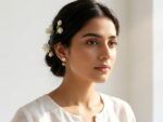 Sitara minimal stud earrings worn — gold zircon and hematite everyday earrings, Dango Meraki collection COD Pakistan